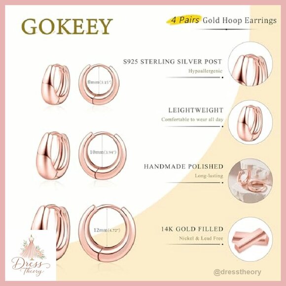 Small Gold Hoop Earrings 14K Gold Plated Hypoallergenic Chunky Huggies - Picture 5 of 6